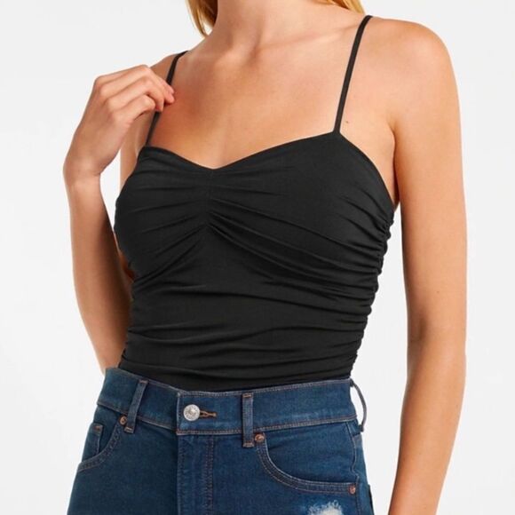 Express Body Contour Compression Ruched Bodysuit With Bra Cups-black - Picture 14 of 14